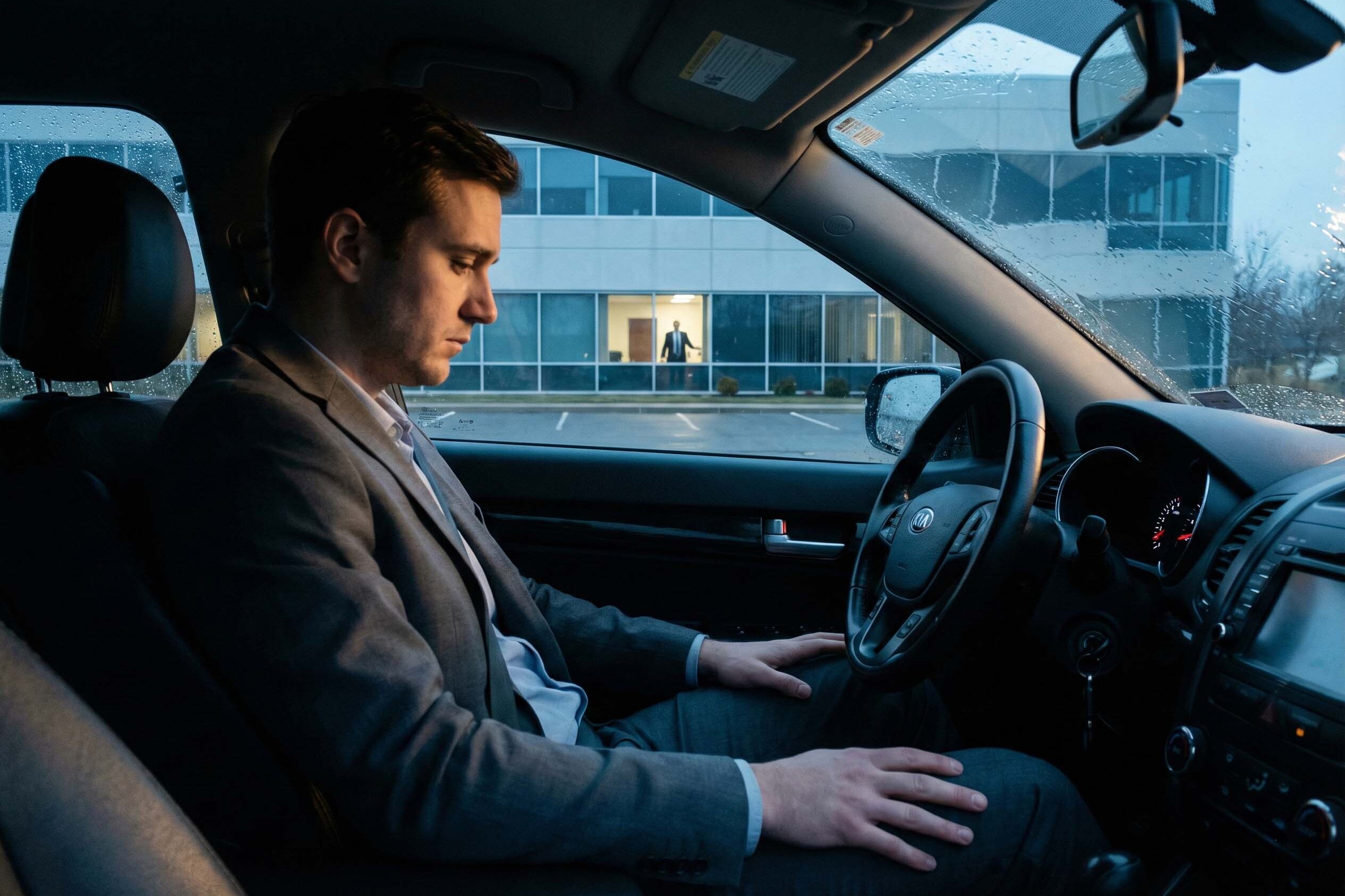 Angajat demotivat in parcare privit de manager ilustrand lipsa de conectare abordata in Curs Leadership si HR.