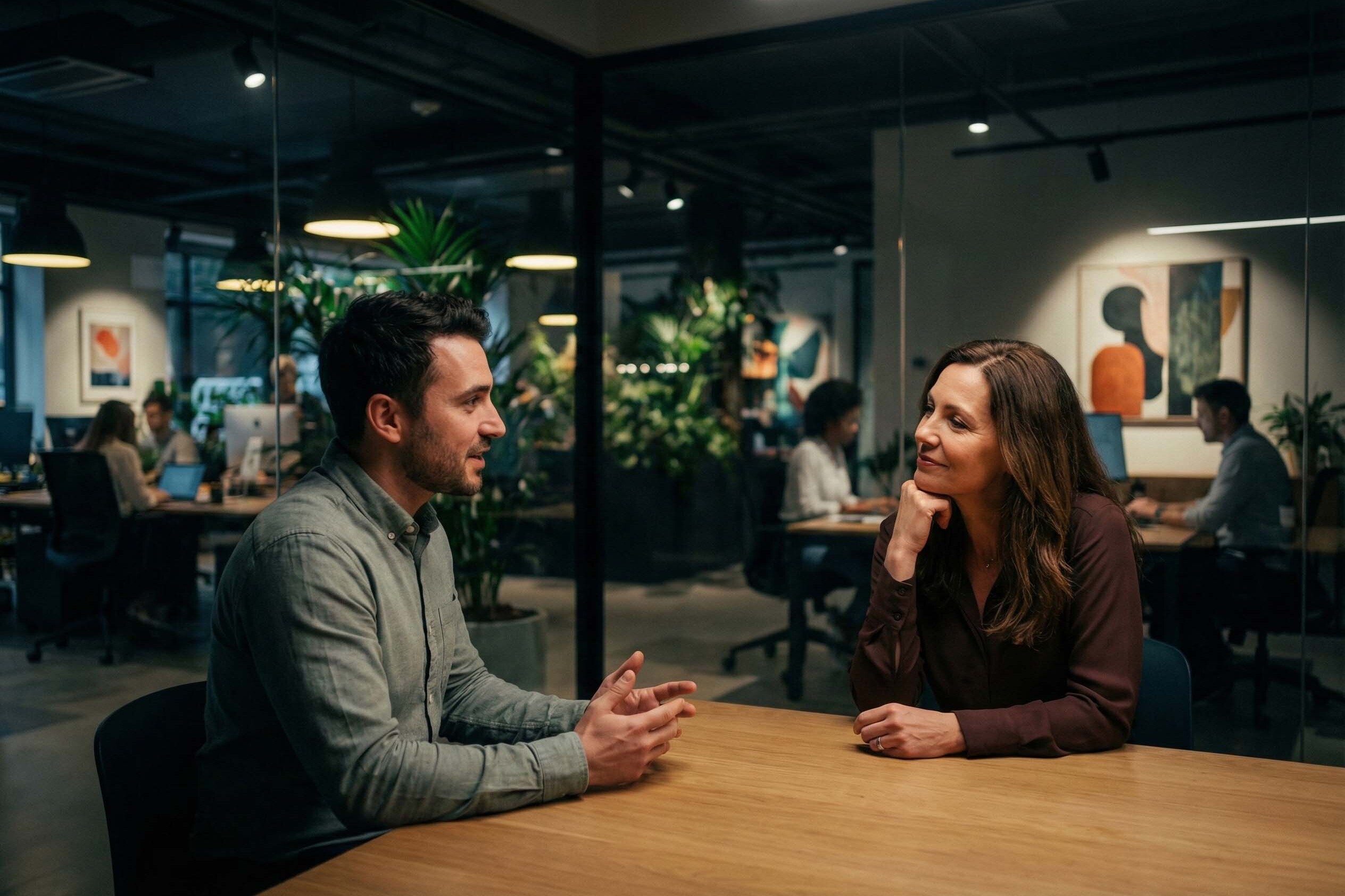 Sedinta de coaching 1 la 1 intr-o atmosfera colaborativa rezultat al aplicarii tehnicilor din Curs Leadership si HR.