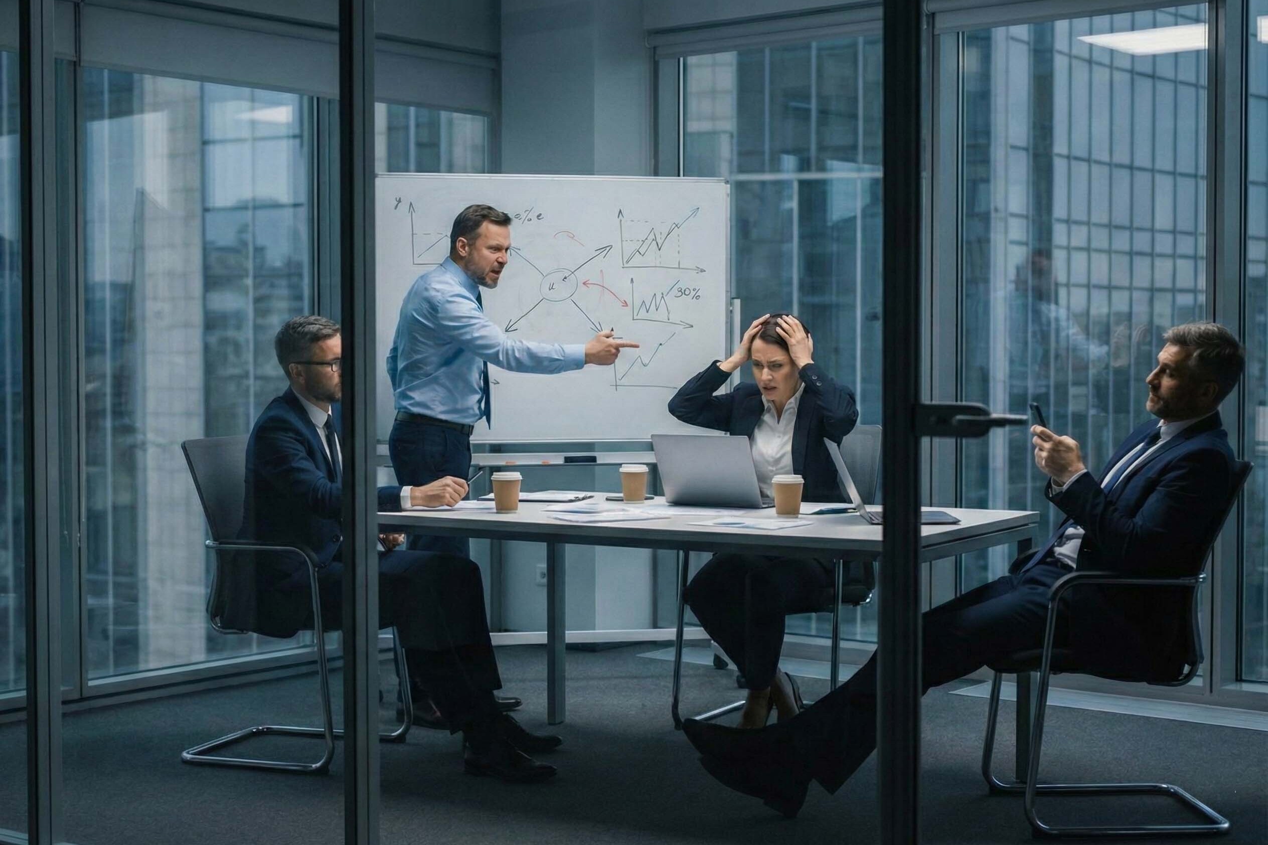 Echipa de manageri in conflict ilustrand lipsa alinierii organizationale si nevoia unui Curs de Management Performant.