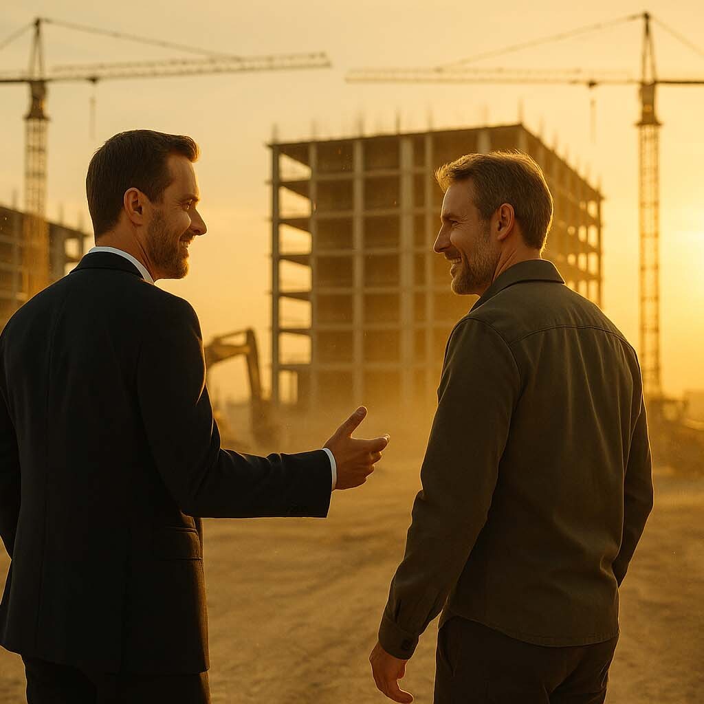Manager si client discutand un proiect pe santier ilustrand aplicabilitatea practica a unui Curs Tehnici Profesionale de Vanzari.