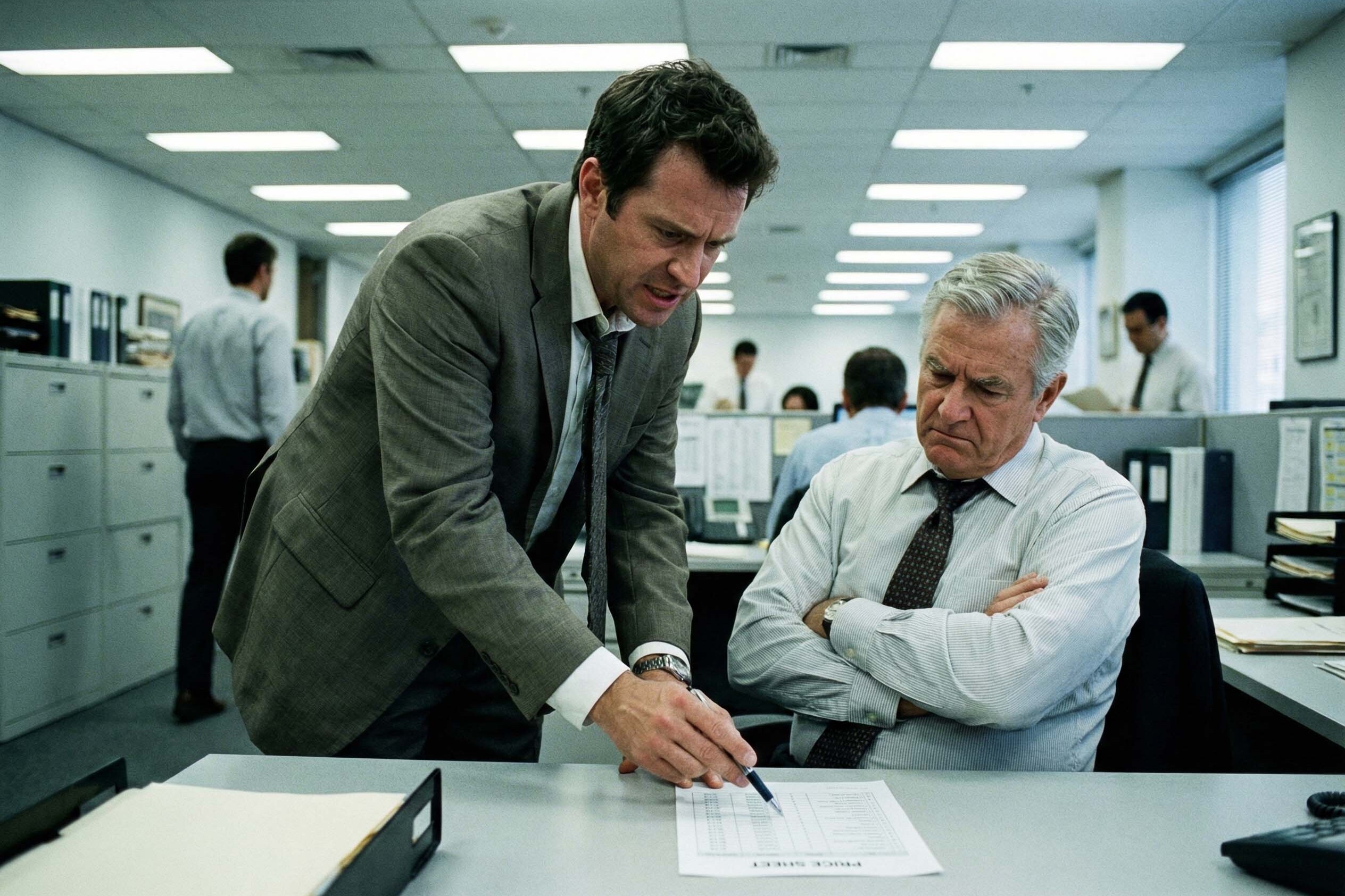 Vanzator grabit incercand sa impinga o solutie unui client sceptic ilustrand lipsa de tehnici profesionale de vanzari.