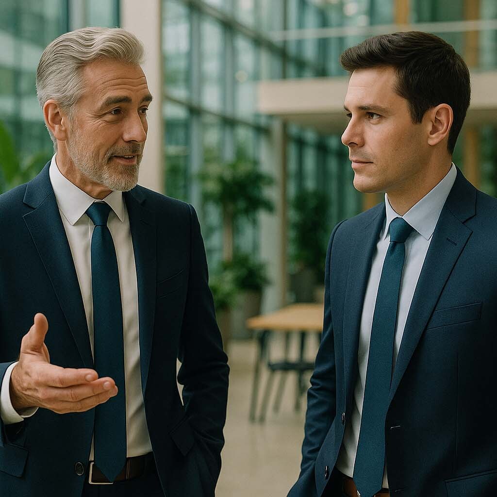 Manager senior oferind suport unui manager tanar ilustrand importanta mentoratului intr-un Curs Leadership si HR.